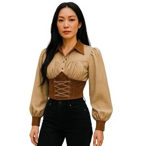 NWT Cider Women's Sz Large Suede Gingham Crop Lace Up Blouse Corset Pirate